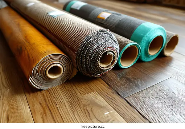 Rolled Up Carpets on Wooden Floor
