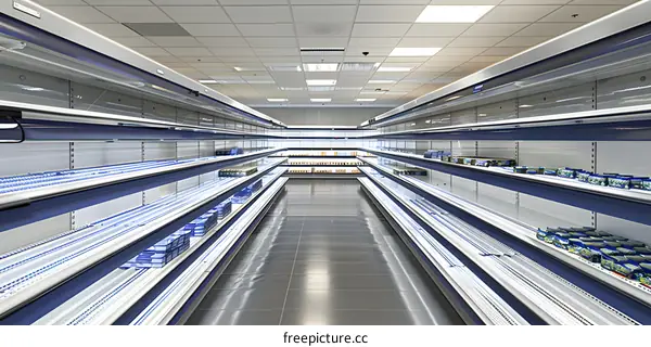Empty Supermarket Shelves with Blue Trim