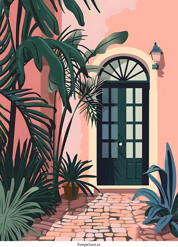 Tropical Green Doorway with Pink Wall