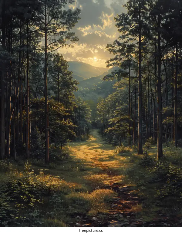 The sun shines through the forest