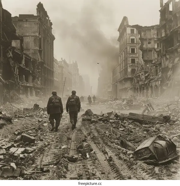 Two American Soldiers walking through the ruins of a German city during World War II