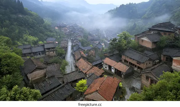 Ancient Chinese Village Nestled in the Mountains