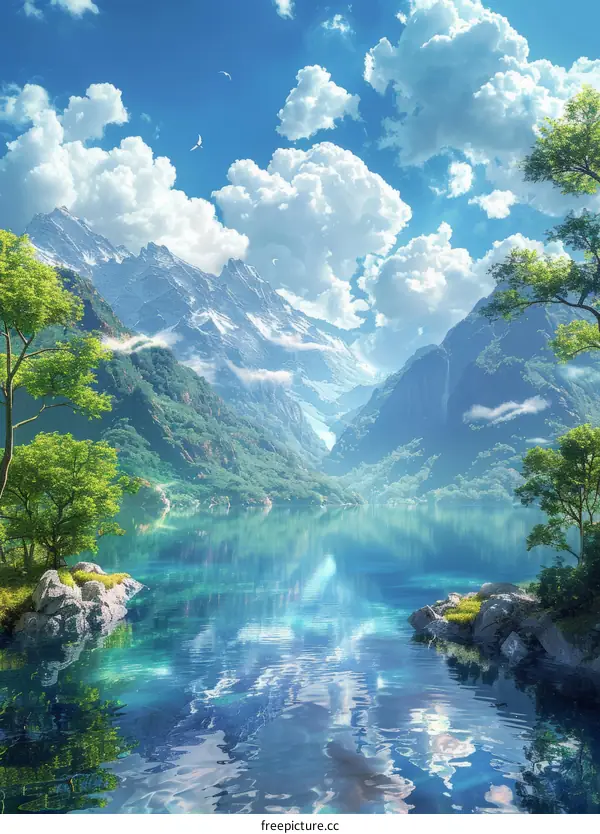 fantasy landscape with blue lake and mountains