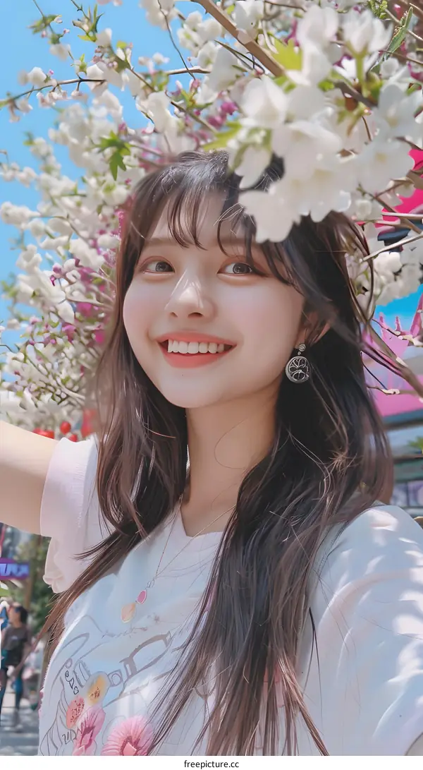 Smiling Asian Woman With Long Hair Posing In Front Of Blooming Flowers