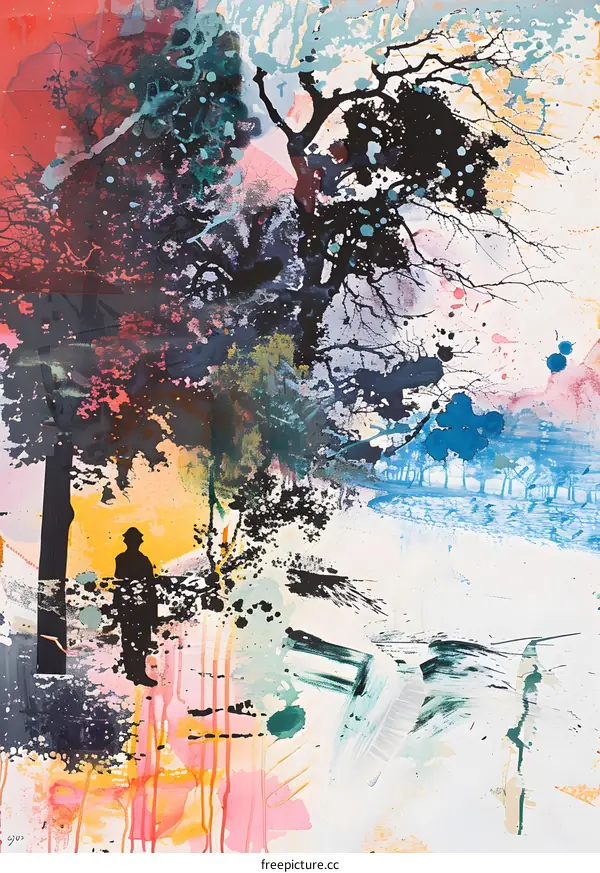 Abstract Watercolor Painting with Silhouette of a Person