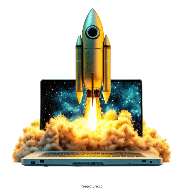 [Transparent Background PNG]Rocket Launching from Laptop Screen Illustration
