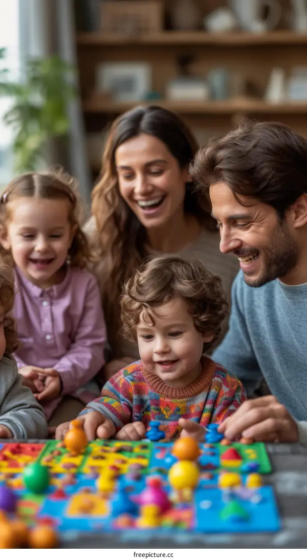 Family of four playing a board game together