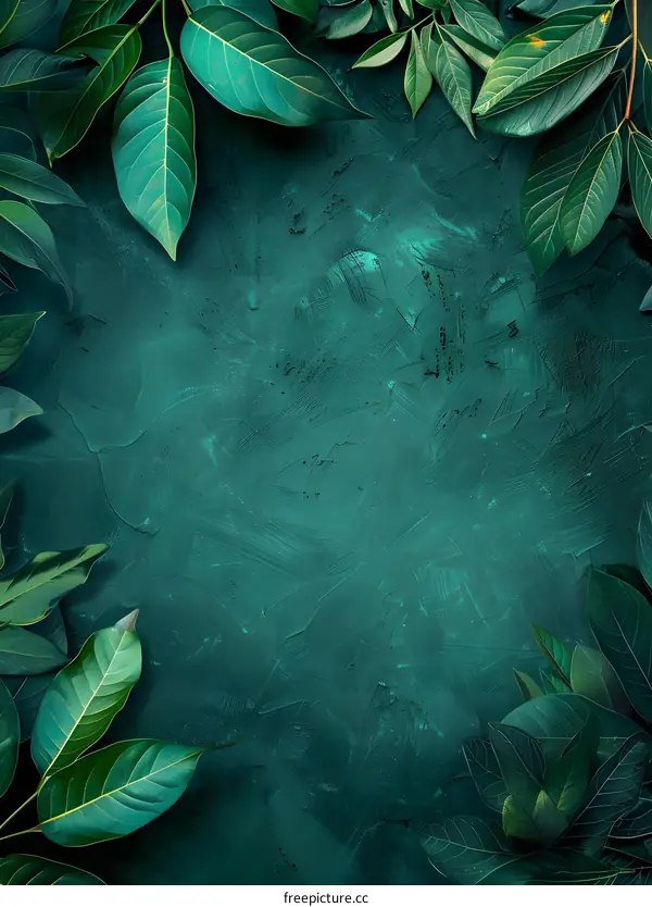 Green Leaves on a Teal Background
