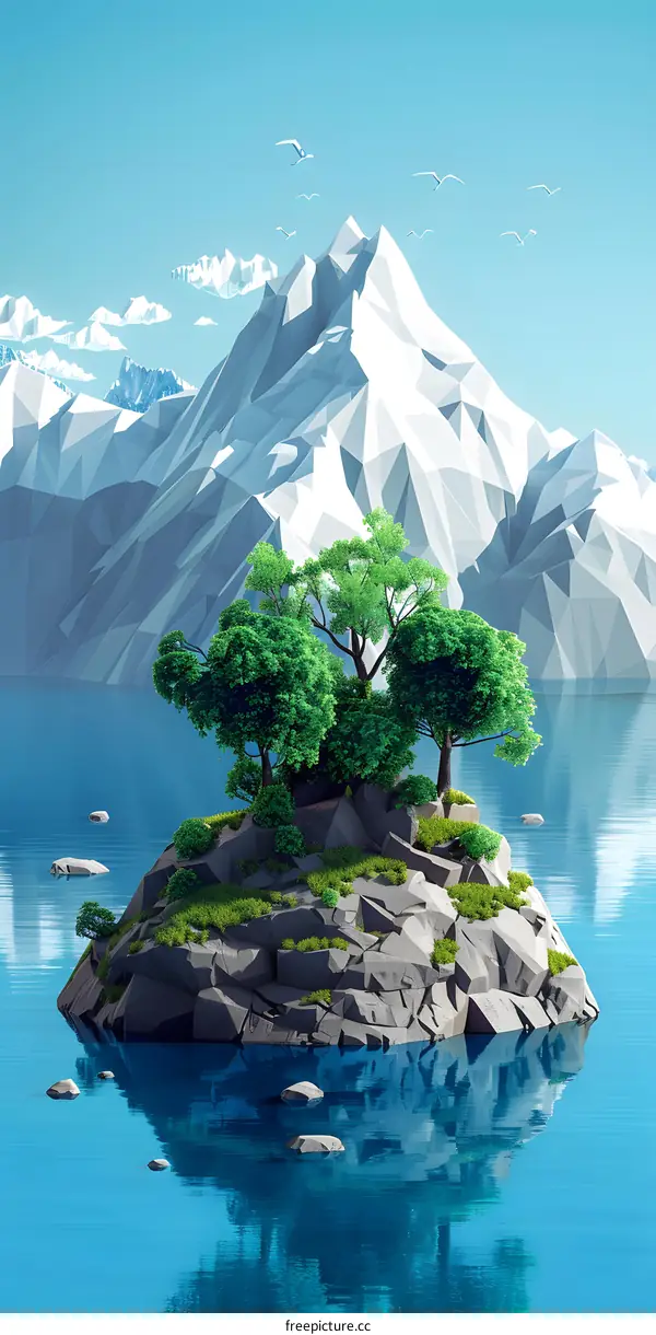 Low Poly Mountain Landscape with Trees on Island