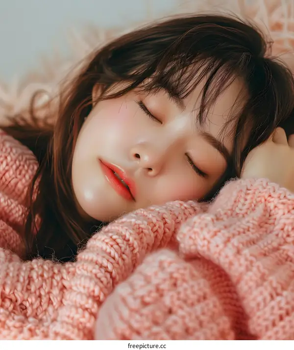 Beautiful Asian Woman Sleeping in Pink Knit Sweater