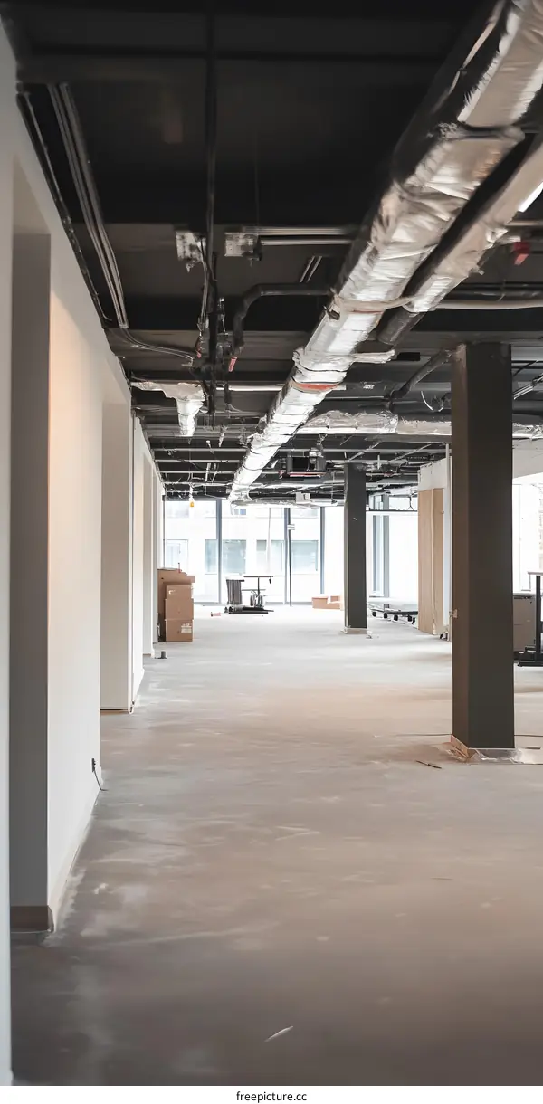 Empty Office Space With Exposed Ceiling Pipes and Wires