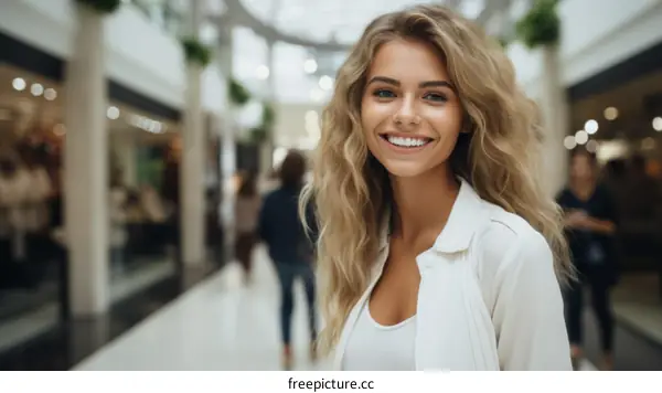 Portrait of a Smiling Blonde Woman in a Shopping Mall