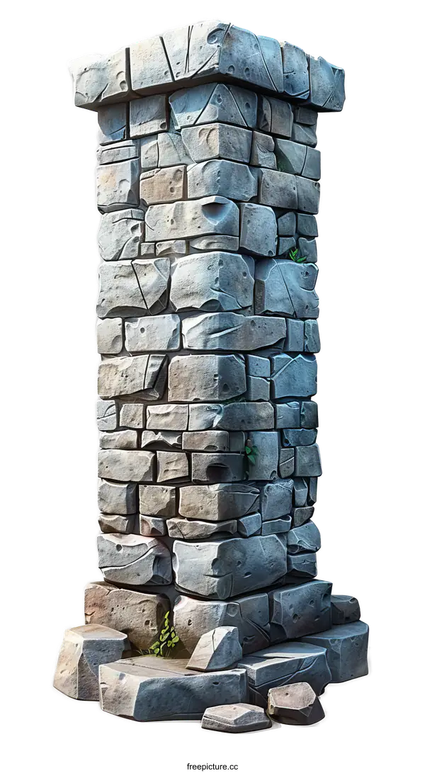 [Transparent Background PNG]gray stone pillar with cracks and green moss