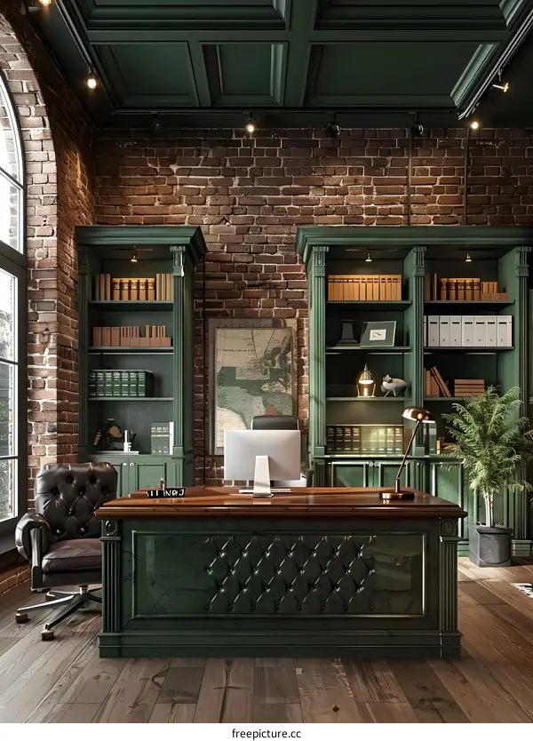 Green and Brown Interior Design Office with Brick Wall and Bookshelves