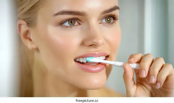 Woman Brushing Teeth with Toothpaste and Brush Close-up