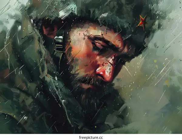 Portrait of a soldier with a red star on his hat