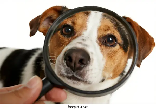 A close - up view of a dog being examined with a magnifying glass