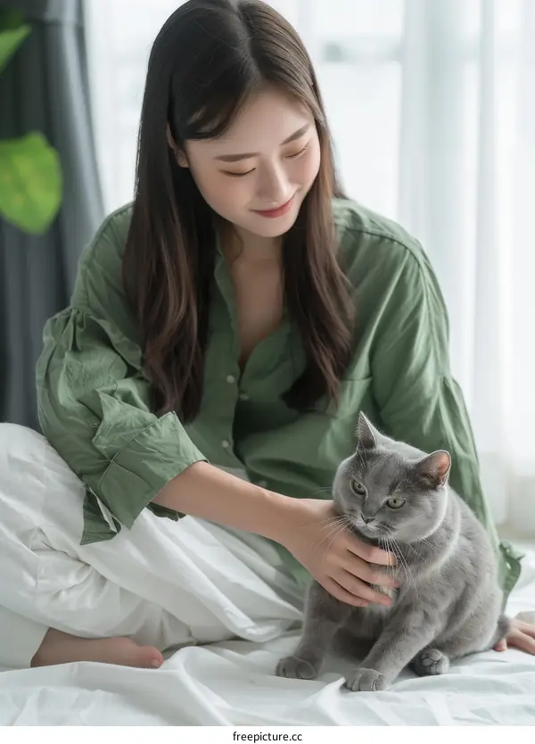 A young woman is sitting on a bed with a gray cat