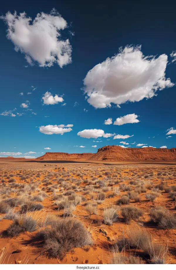 Arid Desert Landscape with Sparse Vegetation Under Blue Sky
