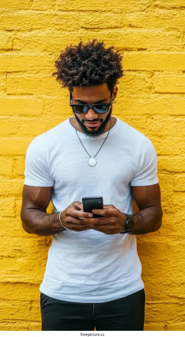 Young Man Using Smartphone Against Yellow Brick Wall