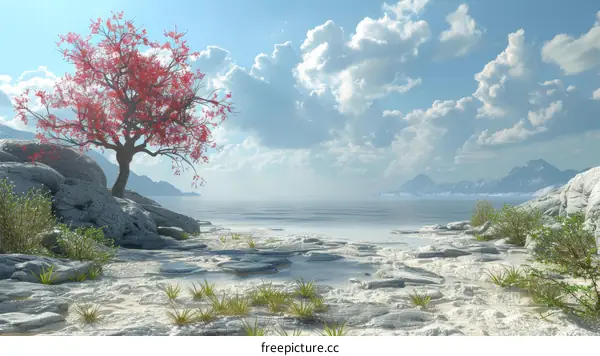 Red Leaf Tree Fantasy Landscape with Mountains