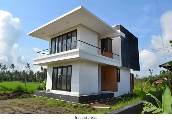 Modern White House with Balcony and Black Roof Tiles