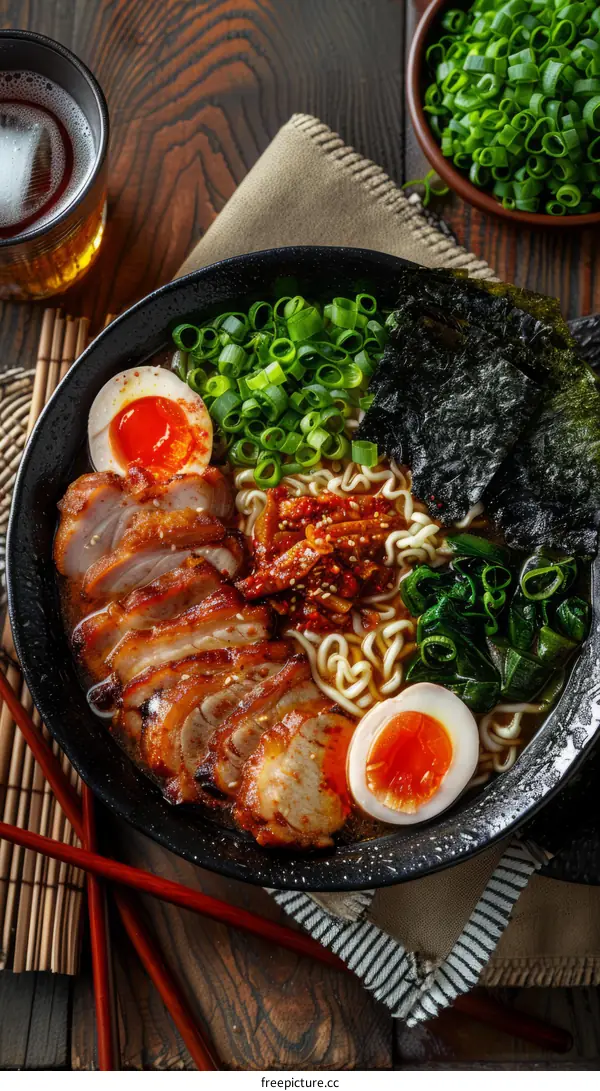 A delightful bowl of ramen noodles with pork, eggs, and veggies.