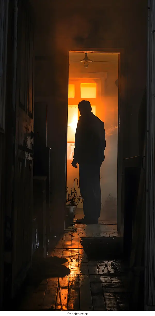 A dark figure stands in a doorway, illuminated by the light from outside.