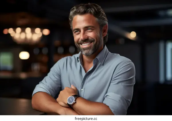 Handsome bearded man in casual outfit smiling