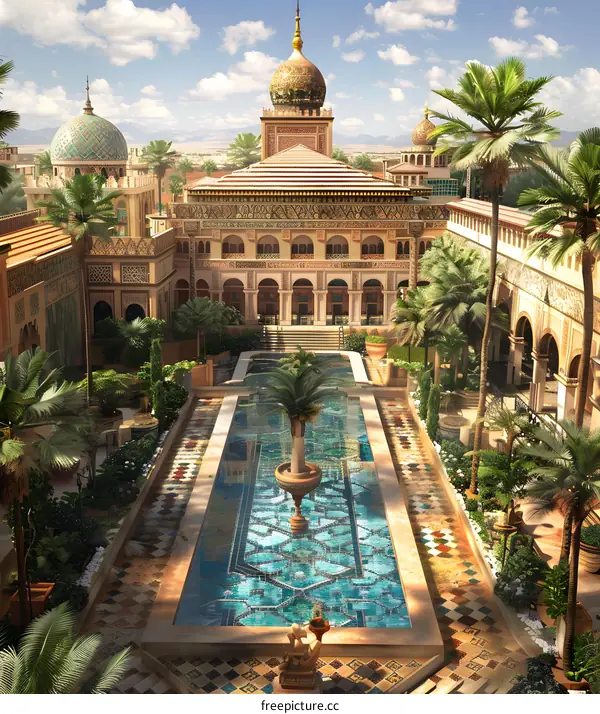 Ornate Courtyard With Fountain And Palm Trees