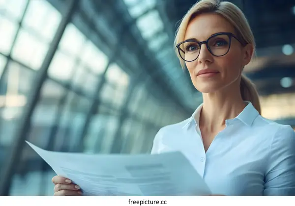 Businesswoman Reading Document In Office Building