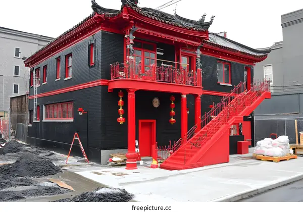 Red and Black Chinese Style Building with Staircase