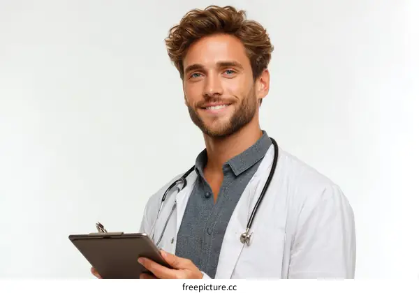 Smiling Caucasian Male Doctor Holding Clipboard