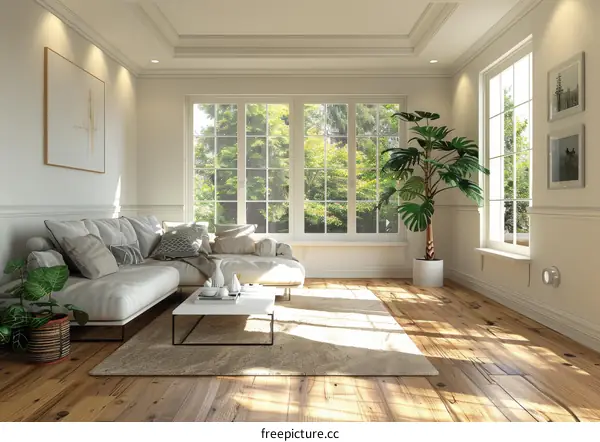 Modern Living Room Interior Design with Large Windows and Natural Light