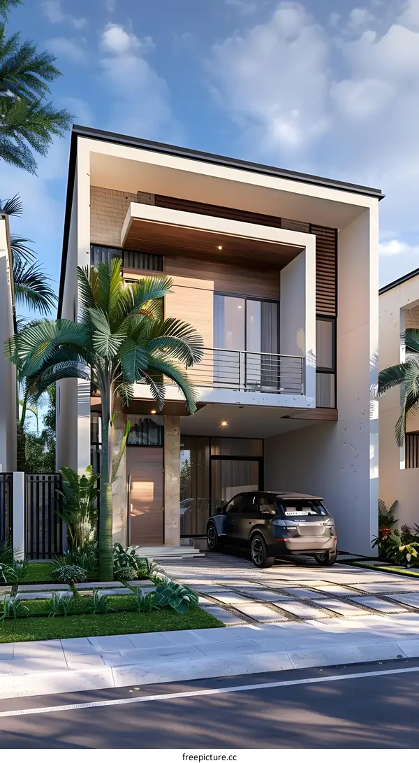 Modern Minimalist Two Story House Design With Palm Trees And A Car In Front