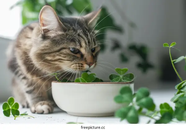 Fluffy Cat Munching on a Bowl of Leafy Greens