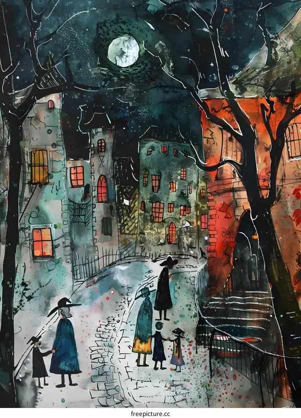 Watercolor Painting of People Walking in a Haunted Town at Night