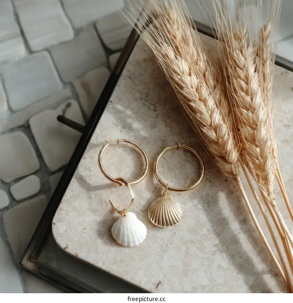 Gold Hoop Earrings with Seashell Pendant and Wheat Ear Decoration