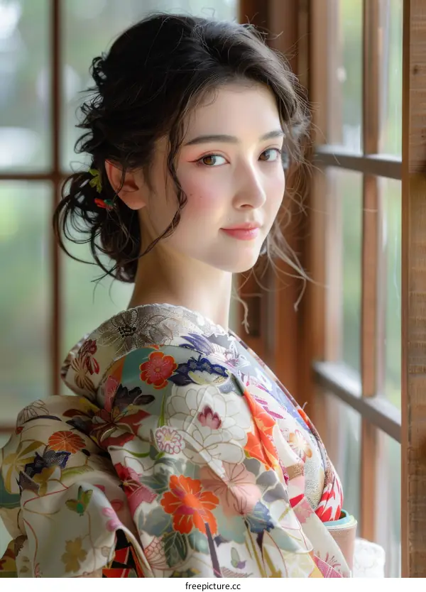 Portrait of a young woman in a kimono