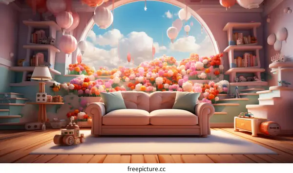 A beautiful living room with a large window and a lot of flowers