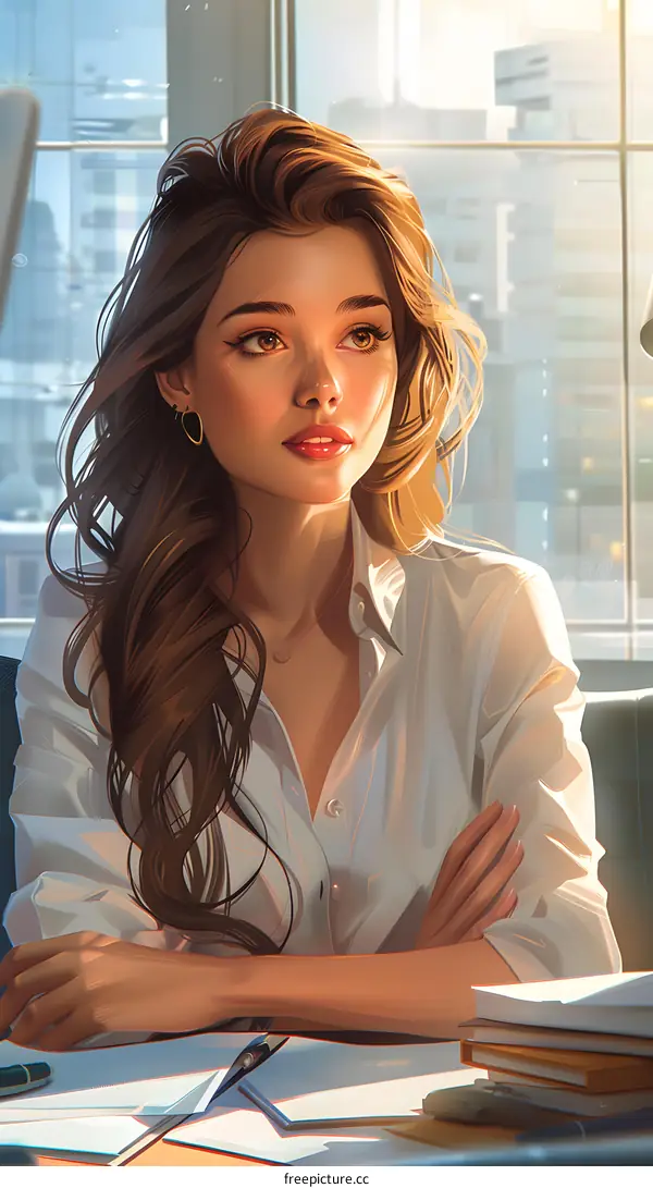 portrait of a beautiful woman in a white shirt sitting at a desk looking out the window