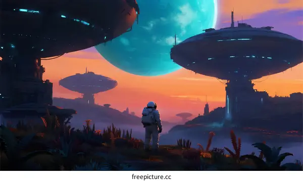 Astronaut Standing Near Futuristic Alien City with Hovering Structures