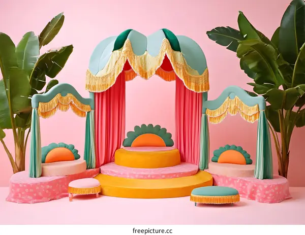 Pink and Green Canopy Bed with Fringe Detail and Palm Trees