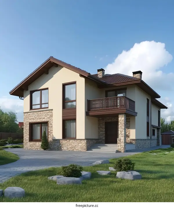 Modern Two Story House with Stone Exterior and Balcony