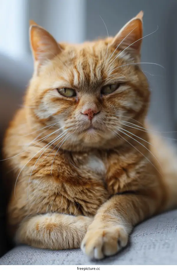 A ginger cat is sitting on a gray sofa and looking at the camera