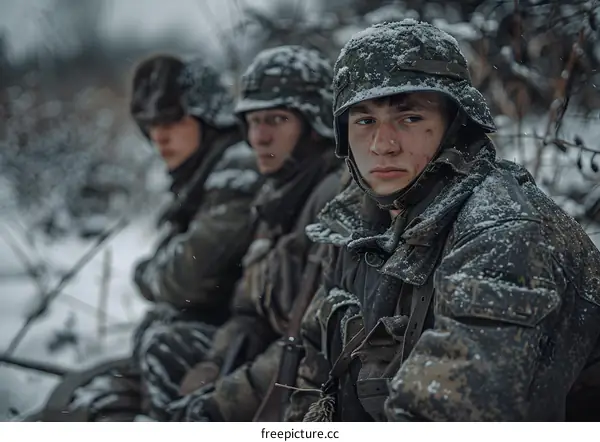 Three Soldiers In Winter Camouflage During A Snowfall