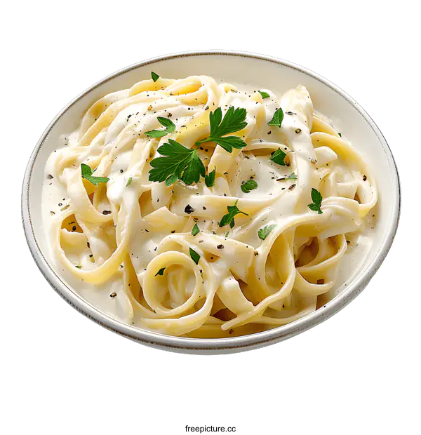 [Transparent Background PNG]Bowl of creamy pasta with parsley garnish