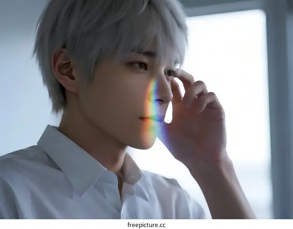 Young man with silver hair holding hand near face under rainbow light