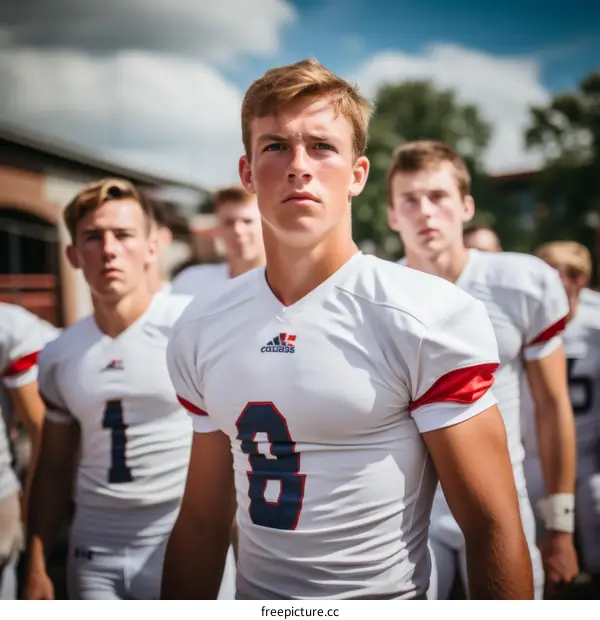 High school football players in white uniforms