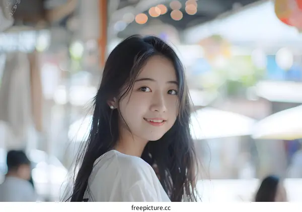 Portrait of a Smiling Asian Woman with Long Black Hair